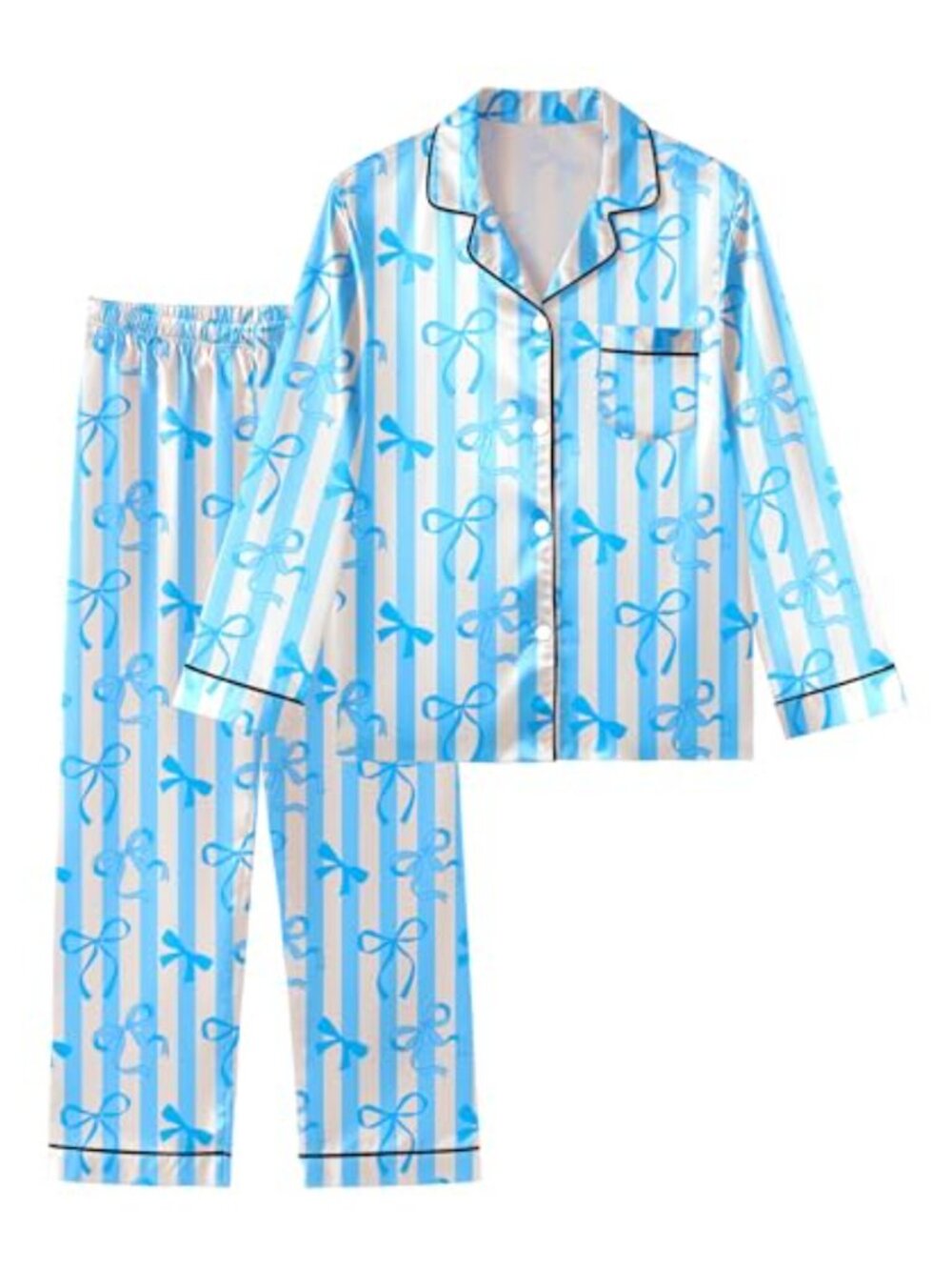 Girls Satin Pajama Set Silky Bow Pjs Long Sleeve Button Down Sleepwear